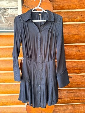 Free People Navy Pinstripe Long-Sleeve Button Dress